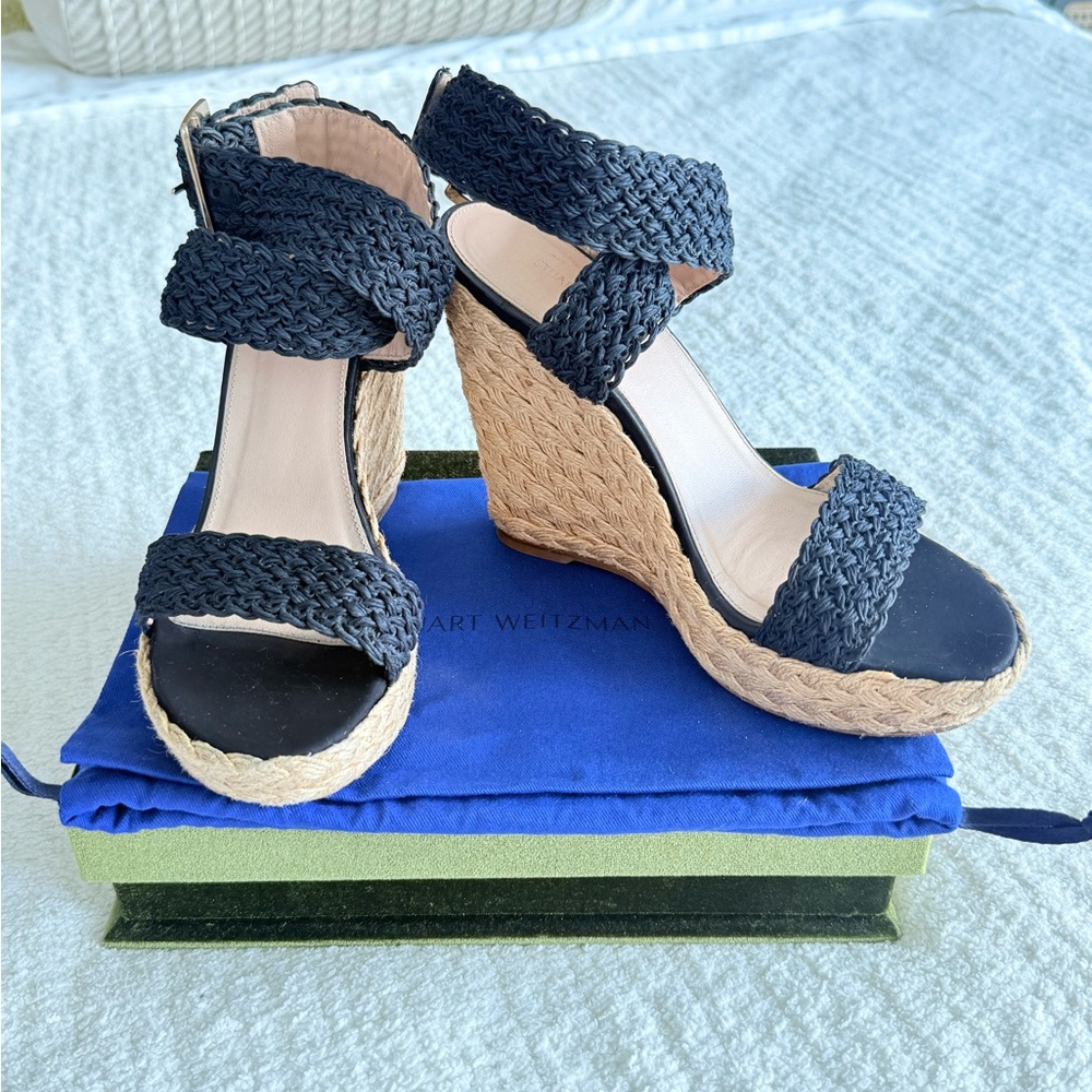 Stuart Weitzman Alex Nero Chochet Black and Tan Wedge Sandals